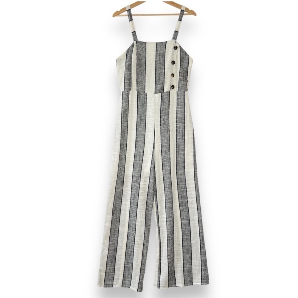 Urban Romantics Jumpsuit Romper Womens L Striped Linen Blend Wide Leg Sleeveless - Picture 8 of 9